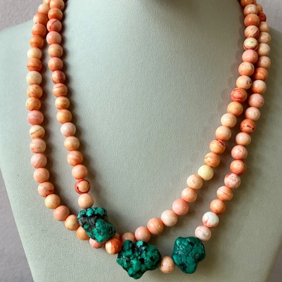 VINTAGE ANGEL SKIN CORAL &LARGE TURQUOISE BEADS LONG NECKLACE UNIQUE COLOR COMBO